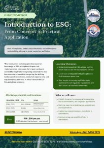 Introductory workshop on ESG concepts and practical application for businesses, covering sustainability, governance, and innovation with practical insights on integrating ESG into business operations.