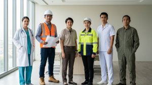 A diverse group of six professionals standing side-by-side in a bright, modern office space. The group includes a female doctor in a lab coat, a male construction engineer in a hard hat and safety vest holding blueprints, a woman in a business polo, a female factory worker in a high-visibility jacket, a male medical professional in white scrubs, and a man in a utility jumpsuit. They represent the various labor sectors across the ASEAN region.