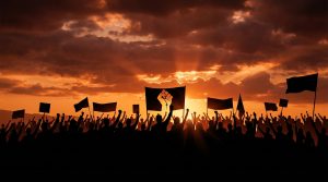 Silhouette of a diverse crowd raising clenched fists and holding flags against a dramatic sunset sky, symbolizing solidarity, resistance, and the fight for human rights.