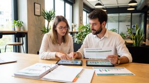 Two young professionals, a woman and a bearded man, sit side-by-side at a wooden office table reviewing "ESG Performance" data. They are pointing at charts on a tablet and holding a printed report in a bright, modern office filled with houseplants.