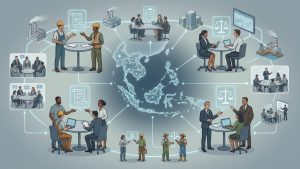 A professional infographic featuring a glowing, digital map of the Southeast Asian (ASEAN) region at the center. Surrounding the map are several circular vignettes connected by digital lines, depicting diverse labor activities including construction workers discussing contracts, business professionals in meetings, legal consultations represented by scales of justice icons, and agricultural workers. This visual illustrates the interconnected nature of labor regulations, professional mobility, and regional cooperation across Southeast Asia.
