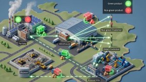 An isometric 3D infographic illustrating a circular economy supply chain. It features four main areas: a factory with solar panels, a central warehouse, a disassembly plant with robotic arms, and a disposal site. Arrows and trucks color-coded in glowing green (green products) and red (non-green products) show the movement of goods between facilities and two groups of people labeled "Green Customer" and "Non-green Customer."