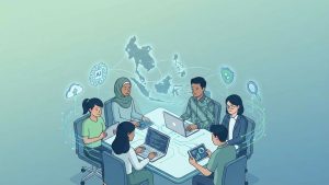 An illustration showing a diverse group of professionals seated around a high-tech conference table, collaborating on digital projects. Above them, a glowing map of Southeast Asia is connected by network lines to various icons representing AI, cloud computing, cybersecurity, and data analysis. The scene depicts a modern, interconnected digital workspace focused on regional technological growth and innovation.
