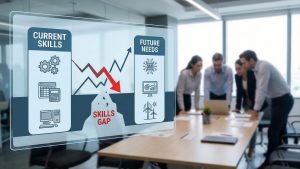 Infographic of a business AI adoption framework showing strategic steps for organizations in ASEAN, including skills-based hiring, continuous upskilling, responsible AI governance, worker privacy compliance, and inclusive transitions to harness AI productivity in coding, writing, and customer support.